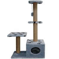 Когтеточка домик с 2-умя полками на основании квадрат мех джут серый с игрушкой 38*66*114см/DONBARON