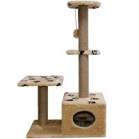 Когтеточка домик с 2-умя полками на основани квадрат мех джут беж с игрушкой 38*66*114см/DONBARON