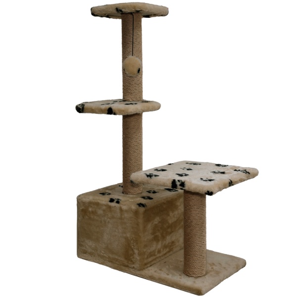 Когтеточка домик с 2-умя полками на основании квадрат мех джут корич с игрушкой 38*66*114см/DONBARON