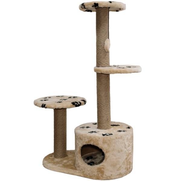 Когтеточка домик с 2-умя полками на основании круглая мех джут беж с игрушкой 38*66*112см/DONBARON