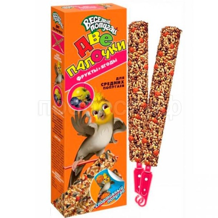 Лакомство для волнистых попугаев Веселый попугай Палочки с фруктами и ягодами 2 шт Лакомство для волнистых попугаев Веселый попугай Палочки с фруктами и ягодами 2 шт