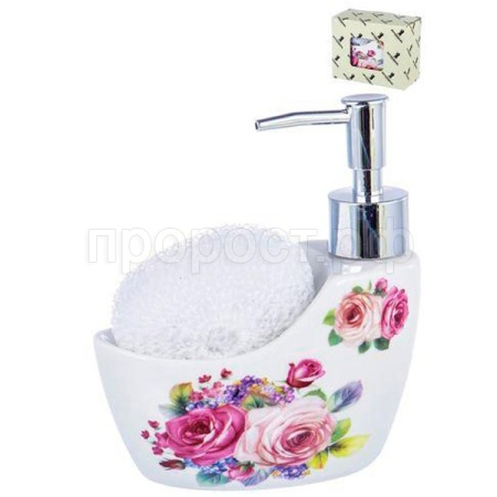 Диспенсер для жидкого мыла с подставкой под губки цветочный декор 102-05044 