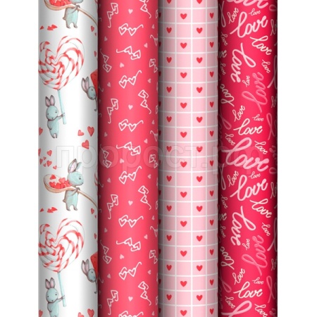 Упаковочная бумага 70*100см "Love" 80г/м2 глянц. ассорти 4 дизайна MESHU /372638/Рельеф Упаковочная бумага 70*100см "Love" 80г/м2 глянц. ассорти 4 дизайна MESHU /372638/Рельеф