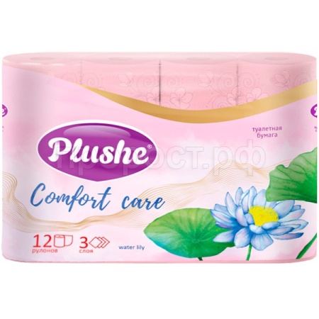 Туалетная бумага 3 слоя "Plushe Comfort care water lily" 4рулонов розовый Аромат/12шт/80286